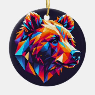 Vibrantly Coloured Geometric Bear Illustration Ceramic Tree Decoration