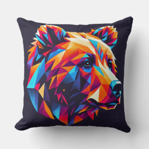 Vibrantly Coloured Geometric Bear Illustration Cushion