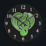 Vibrations Musical Love Green Heart Music Note DJ Round Clock<br><div class="desc">Customise with any text.</div>