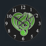 Vibrations Musical Love Green Heart Music Note DJ Round Clock<br><div class="desc">Customise with any text.</div>