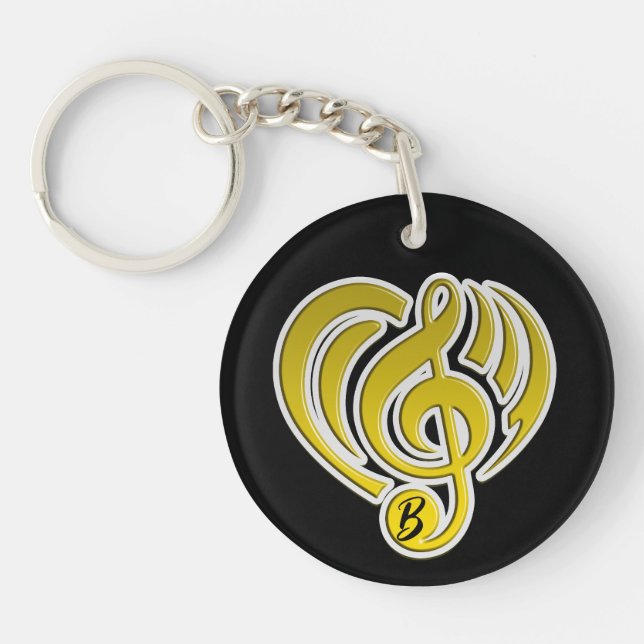 Vibrations Musical Love Yellow Heart Music Note DJ Key Ring (Front)
