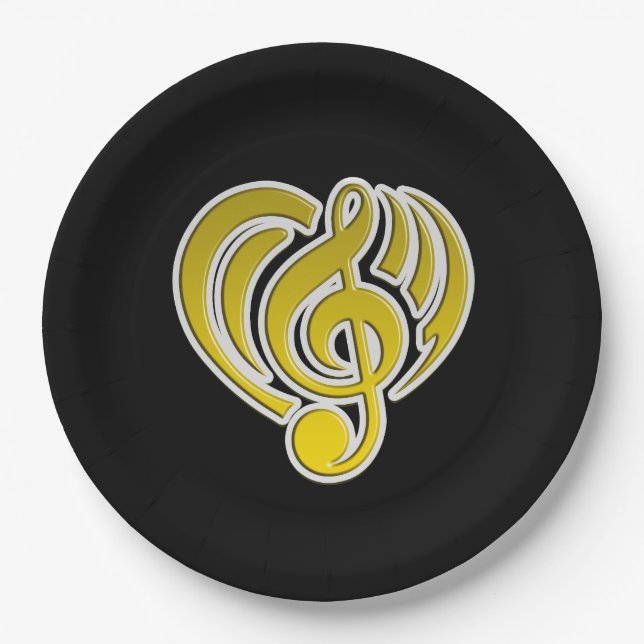Vibrations Musical Love Yellow Heart Music Note DJ Paper Plate (Front)