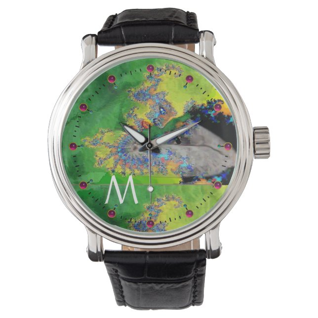 VIBRATIONS OF MATTER,GREEN FRACTAL WOMAN MONOGRAM WATCH (Front)