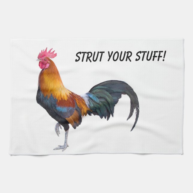 Vibriantly coloured rooster "strutting it's stuff" tea towel (Horizontal)