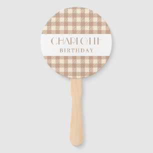 Vichy brown beige gingham plaid checked wedding hand fan