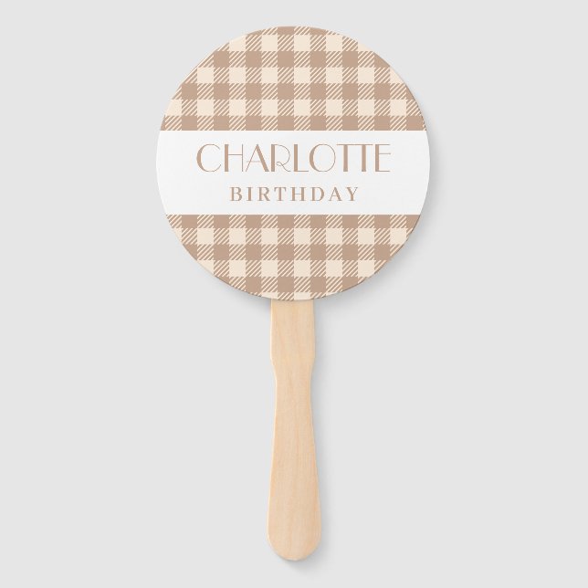 Vichy brown beige gingham plaid checked wedding hand fan (Front)