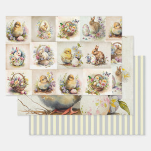 Vicotrian Easter Bunny & Chick  Wrapping Paper Sheet