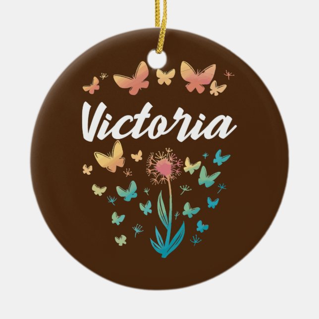 Victoria Birthday Sister Butterfly Dandelion Name Ceramic Tree Decoration (Front)