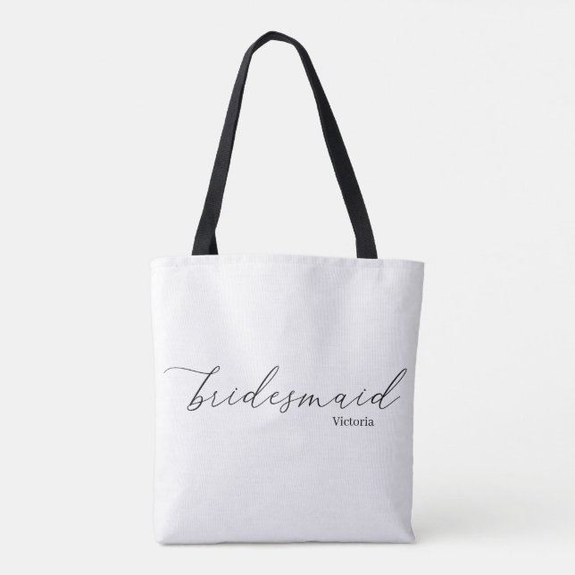 Victoria Bridesmaid Script Black Straps Tote Bag (Back)