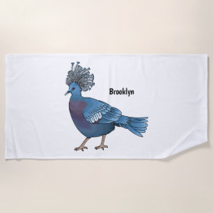 Victoria crowned pigeon bird cartoon illustration  beach towel