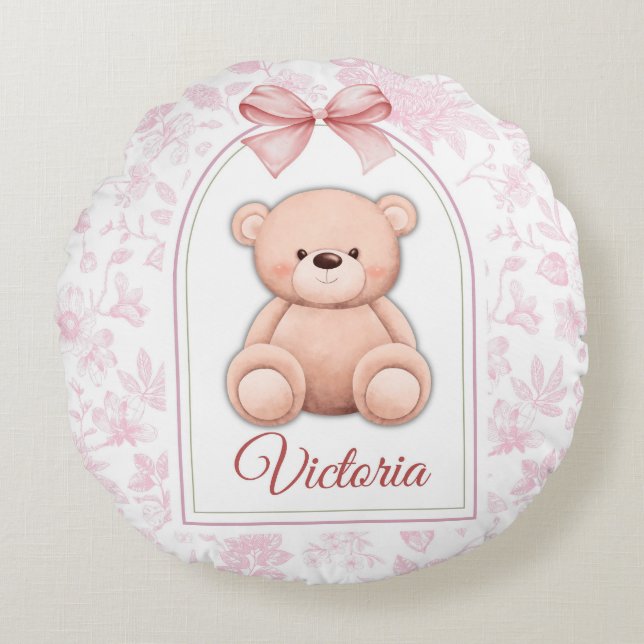 Victoria | Custom Pink Teddy Bear Nursery Design  Round Cushion (Front)