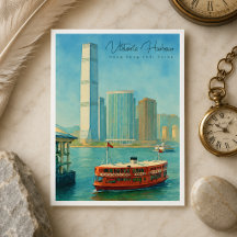 Victoria Harbor Hong Kong Retro Skyline