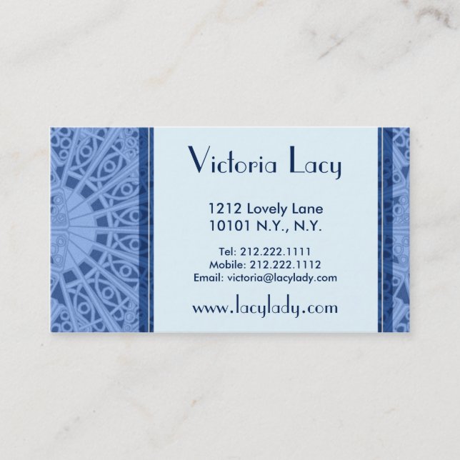 Victoria Lacy Blue Art Nouveau Lace Business Cards (Front)