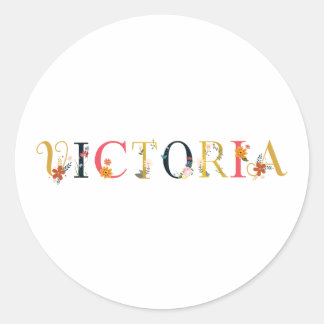 VICTORIA Name Art With Flowers Embroidered Classic Round Sticker