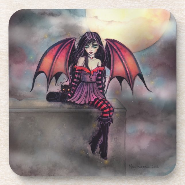 Victoria Vampire Fairy with Cat Halloween Art Coaster (Front)