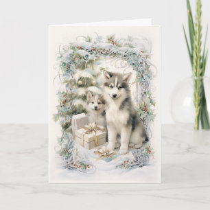 Victorian Alaskan Malamute Puppy Christmas Holiday Card