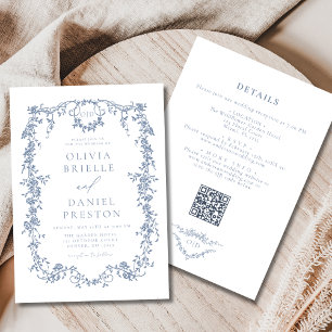 Victorian All In One Dusty Blue QR Code Wedding Invitation