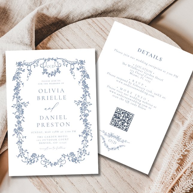 Victorian All In One Dusty Blue QR Code Wedding Invitation (Creator Uploaded)