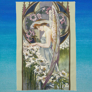 Victorian Angel and Vintage Easter Lily Flowers Tea Towel