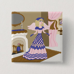 Victorian Angel Blue and Pink Singing by Fireplace 15 Cm Square Badge