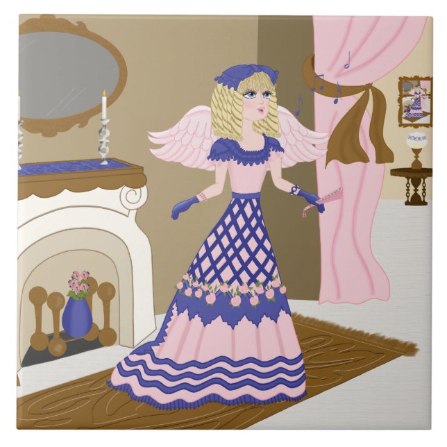 Victorian Angel Blue and Pink Singing by Fireplace Tile (Front)