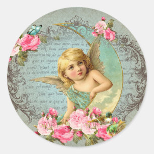 Victorian Angel vintage blue rose pink antique Classic Round Sticker