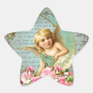 Victorian Angel vintage blue rose pink antique Star Sticker