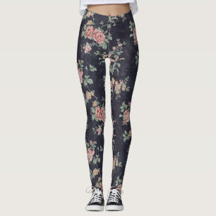 Victorian Antique Pink Rose Navy Leggings