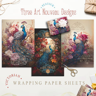 Victorian Art Nouveau Vintage Floral Peacock Wrapping Paper Sheet
