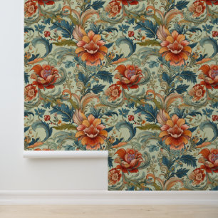 Victorian Artistic Reddish Orange Large Floral Wallpaper