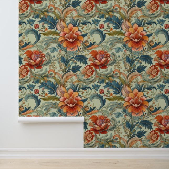 Victorian Artistic Reddish Orange Large Floral Wallpaper (Application)
