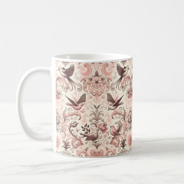 Victorian Aviary: A Pastel Pink Garden Coffee Mug (Left)