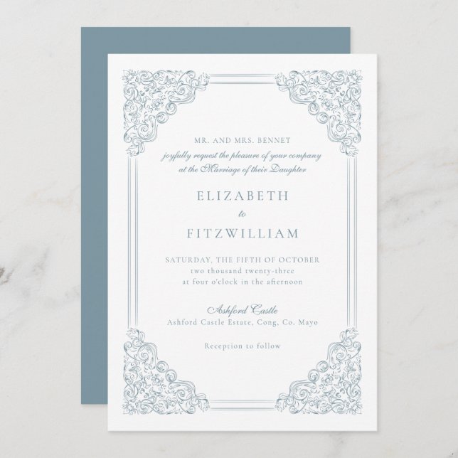 Victorian Baroque Dusty Blue Vintage Frame  Invitation (Front/Back)