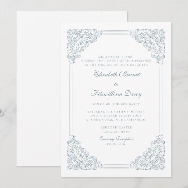 Victorian Baroque Dusty Blue Vintage Frame Wedding Invitation (Front/Back)