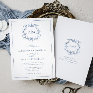 Victorian Baroque Floral Crest Blue Wedding  Invitation