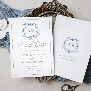 Victorian Baroque Floral Crest Blue Wedding Save The Date