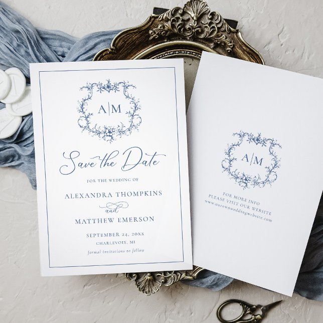 Victorian Baroque Floral Crest Blue Wedding Save The Date (Creator Uploaded)