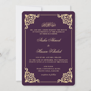Victorian Baroque Gold Plum Purple Muslim Wedding Invitation