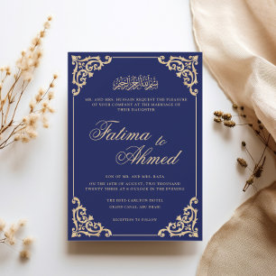 Victorian Baroque Gold Royal Blue Muslim Wedding Invitation