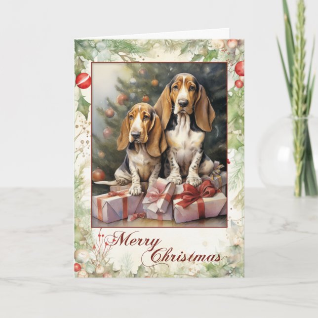 Victorian Basset Hound Puppy Christmas Holiday Card (Front)