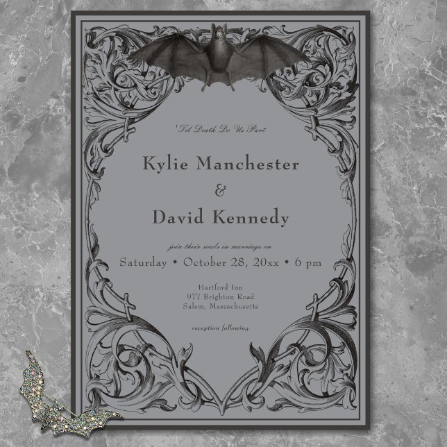 Victorian Bat Until Death Black & Grey Wedding Invitation (Victorian Bat Until Death Black & White Wedding Invitation)