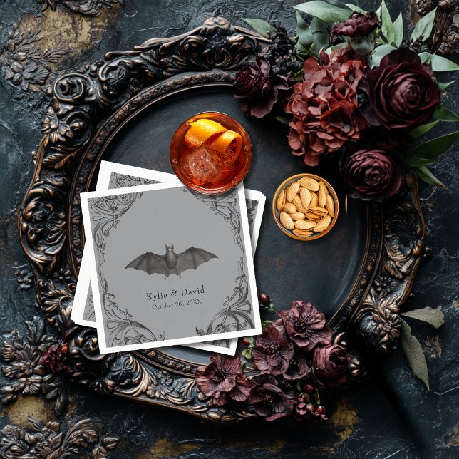 Victorian Bat Until Death Black & Grey Wedding Napkin (Creator Uploaded)