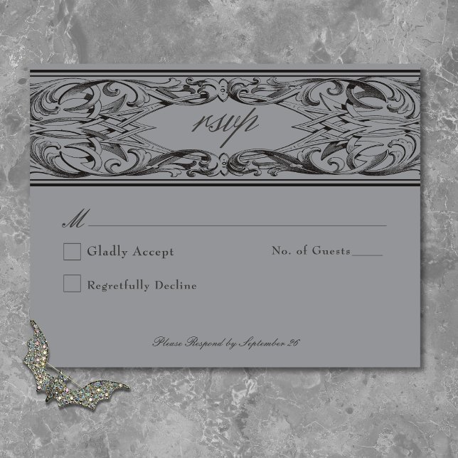 Victorian Bat Until Death Black & Grey Wedding RSVP Card (Victorian Bat Until Death Black & Gray Wedding RSVP Card)