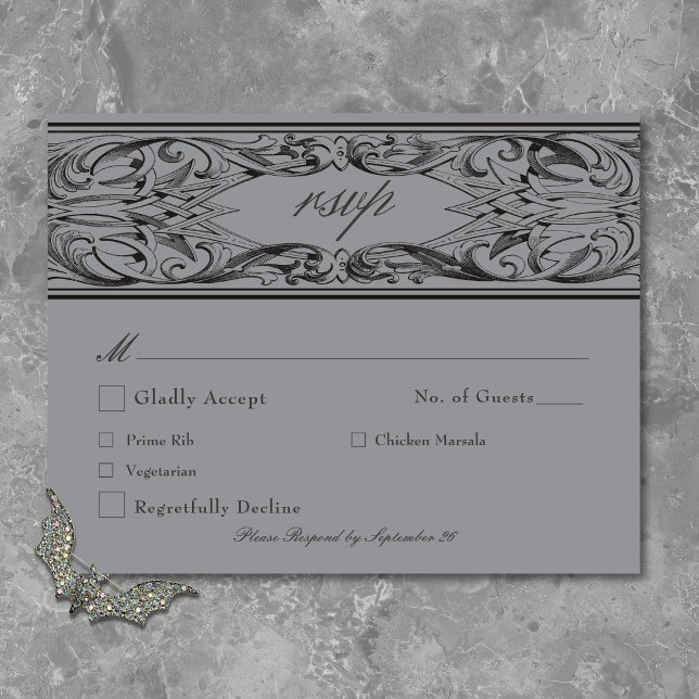 Victorian Bat Until Death Black & Grey Wedding RSVP Card (Victorian Bat Until Death Black & Gray Wedding RSVP Card)