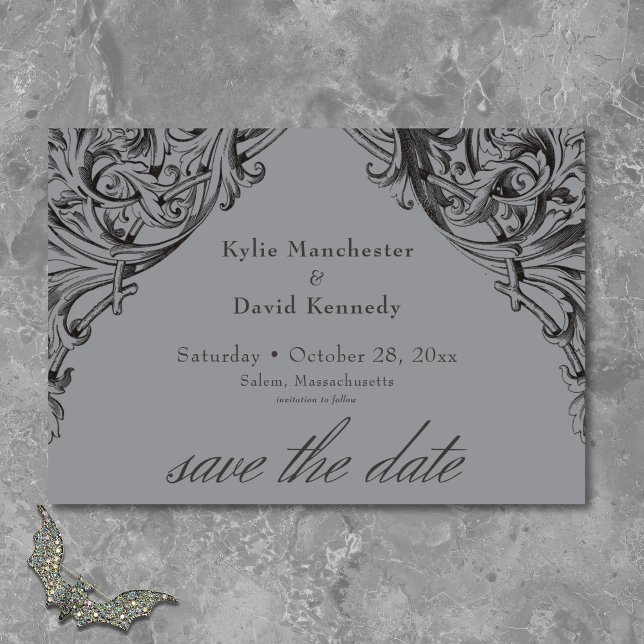 Victorian Bat Until Death Black & Grey Wedding Save The Date (Victorian Bat Until Death Black & Gray Wedding Save The Date)