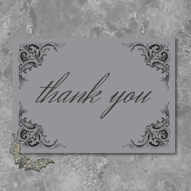 Victorian Bat Until Death Black & Grey Wedding Thank You Card (Victorian Bat Until Death Black & Gray Wedding Thank You Card)