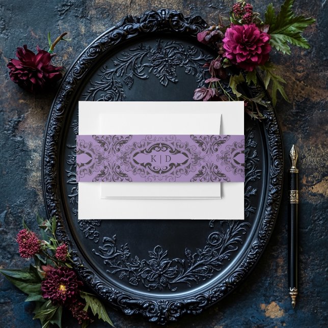 Victorian Bat Until Death Black & Purple Wedding Invitation Belly Band (Creator Uploaded)