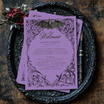 Victorian Bat Until Death Black & Purple Wedding Programme<br><div class="desc">Elevate your gothic wedding with a Victorian-inspired wedding program that exudes timeless elegance and mystery. Designed to resemble an antique book binding, this stunning design features intricate a black and purple lacey filigree, evoking the charm of a bygone era. A bat with its wings spread, sits at the pinnacle of...</div>