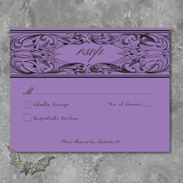 Victorian Bat Until Death Black & Purple Wedding RSVP Card (Victorian Bat Until Death Black & Purple Wedding RSVP Card)