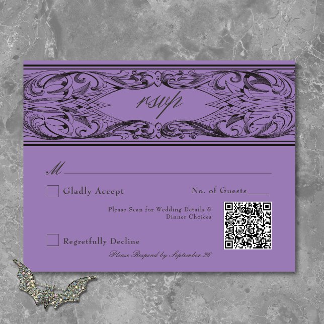 Victorian Bat Until Death Black & Purple Wedding RSVP Card (Victorian Bat Until Death Black & Purple Wedding RSVP Card)